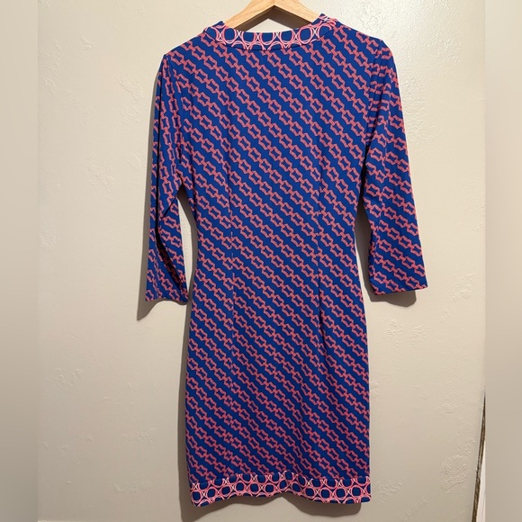 J. McLaughlin Catalina Cloth Blythe Faux Wrap Dress Navy Raspberry Chain Link S - Picture 10 of 13